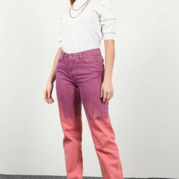 Women's Buttoned Dyed Straight Fit Jean Trousers Pink