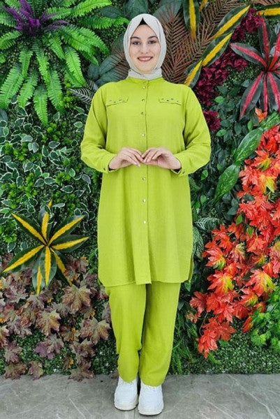 Women's Pocket Cover Emerald Stone Detailed Linen Hijab Shirt Set