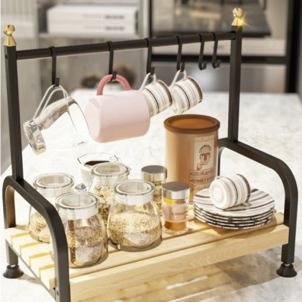 Bino Desktop Kitchen Shelf Organizer Coffee Cup Mug Cup Hanger Wooden Shelf Organizer with 6 Hooks