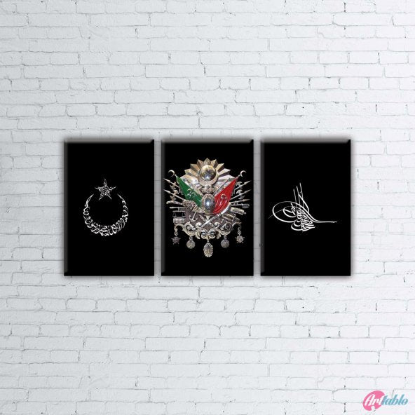 Canvas Paintings |  Monogram - The Coat Of Arms Of The Ottoman State - Moon - Stars-Canvas-Table Piece - 3 Piece - 3P0009 - 75 X 150 Cm.
