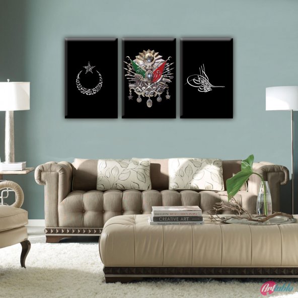 Canvas Paintings |  Monogram - The Coat Of Arms Of The Ottoman State - Moon - Stars-Canvas-Table Piece - 3 Piece - 3P0009 - 75 X 150 Cm.