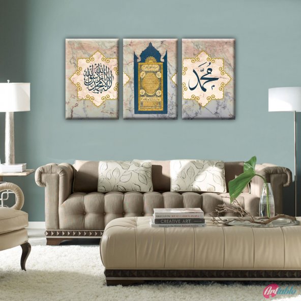 Canvas Paintings |  God - Hz. Muhammad And Qur'anic Calligraphy And İnscriptions İn Ottoman And Islamic - Canvas-Table Piece - 3 Piece - 3P0013 - 100 X 200 Cm.
