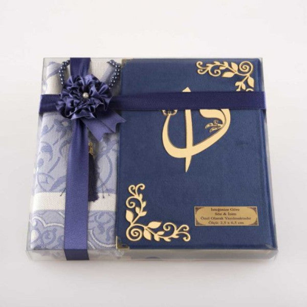 Prayer Mat + Prayer Beads + Quran Gift Set (Medium Size, Velvet, Navy Blue)