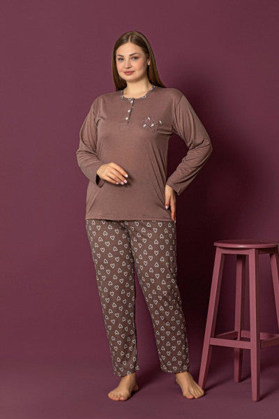 Nisanca Long Sleeve 100 Cotton Plus Size Mother Pajama Set - Mother Special Series