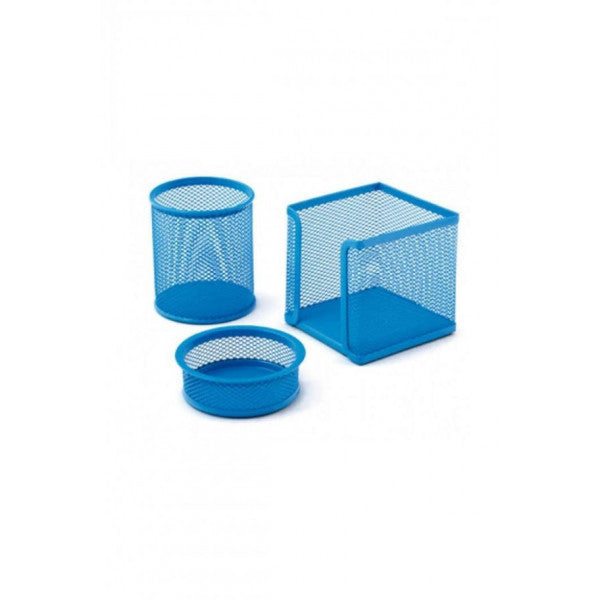 Mimaks Table Set Paper Clips-Paper Holder-Pen Holder 3 Pieces Metal Perforated Blue Ms-3
