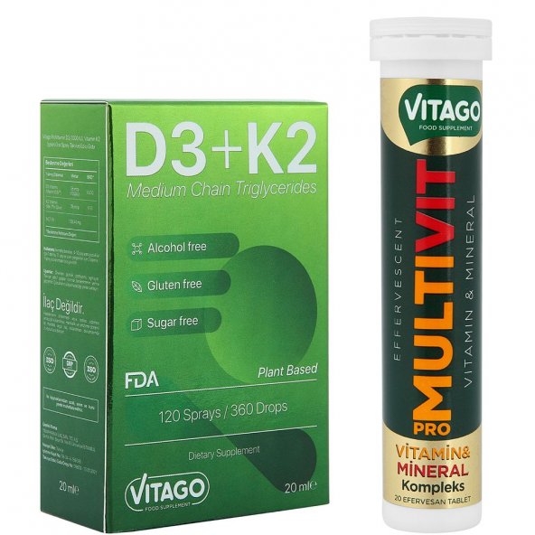 Food Supplements |  2 Pack – Vitago Provitamin D3, Vitamin K2, 20 Ml Oral Spray + Vitago Multivitamin 20 Effervescent Tablets.