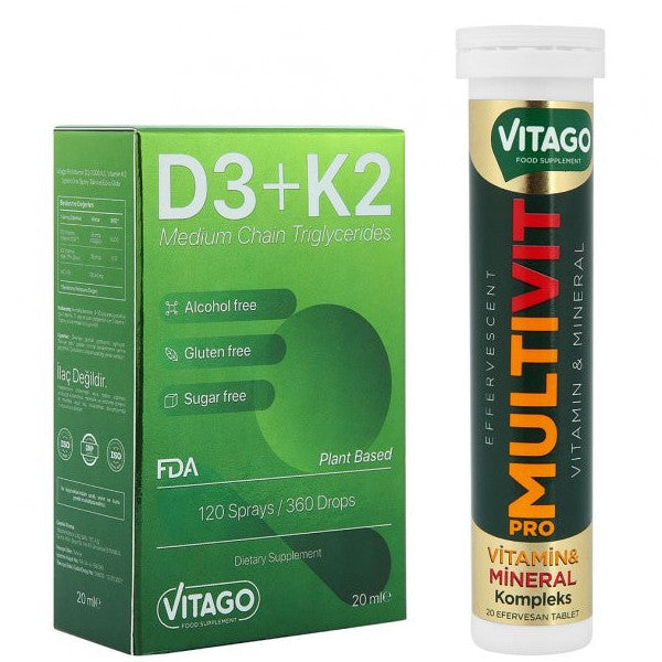 Food Supplements |  2 Pack – Vitago Provitamin D3, Vitamin K2, 20 Ml Oral Spray + Vitago Multivitamin 20 Effervescent Tablets.