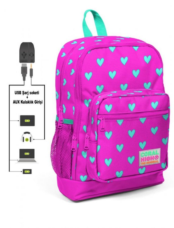 Coral High Kids Four-eyed Girl Primary School Bag - Pink Heart Pattern - Usb+Aux Socket