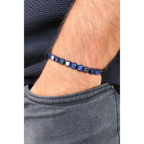 Wristband |  Frnch Varisit Stone Cube Cut Navy Blue Color Adjustable Men's Bracelet Frj11255-1355-L.
