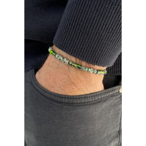 Frnch Natural Stone Green Color Adjustable Macrame Men's Bracelet Frj11338-1438-Y