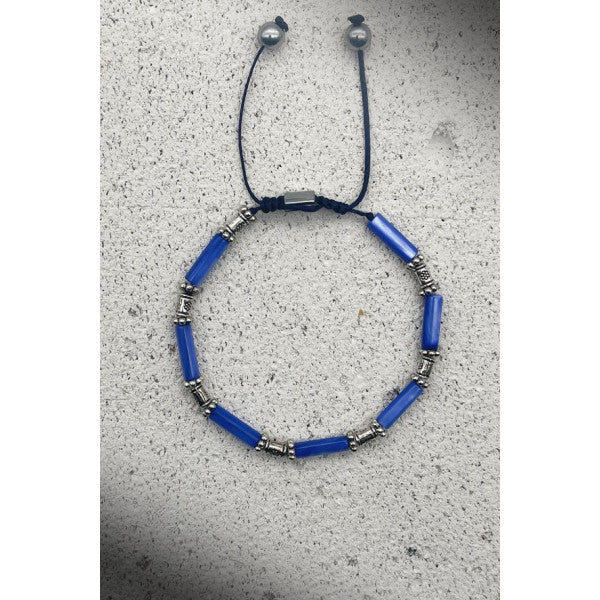Frnch Mother of Pearl Natural Stone Navy Blue Color Adjustable Macrame Men's Bracelet Frj11396-1496-L