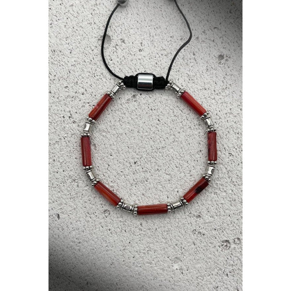 Frnch Natural Stone Silver Pieced Red Color Adjustable Macrame Men's Bracelet Frj11387-1487-K
