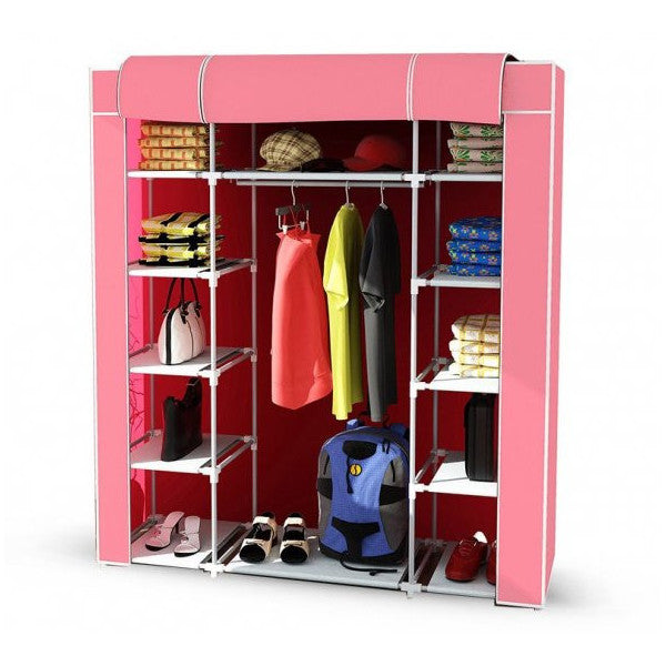 Metal Profile Cloth Cabinet with Double Side Shelves and Hangers - Pink