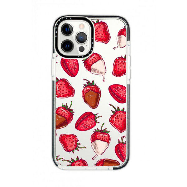 iPhone 12 Pro Casetify Chocolate Strawberries Patterned Anti Shock Premium Silicone Phone Case with Black Edge Detail