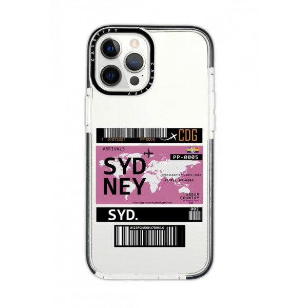 iPhone 12 Pro Max Casetify Sydney Ticket Patterned Anti Shock Premium Silicone Phone Case with Black Edge Detail