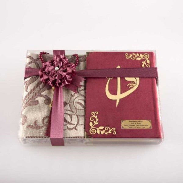 Prayer Mat + Prayer Beads + Quran Gift Set (Bag Size, Velvet, Claret Red)