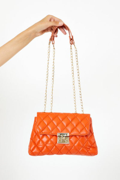 Women's Orange Soft Leather Quilted Patterned Chain And Lock Detail Crossbody Bag Tbc182