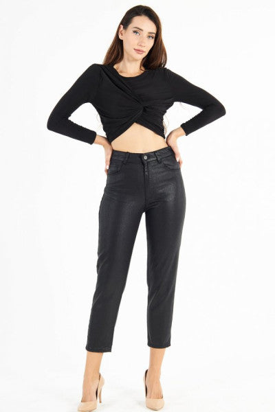 Women's Black High Waist Leather Look Coated Mom Jeans