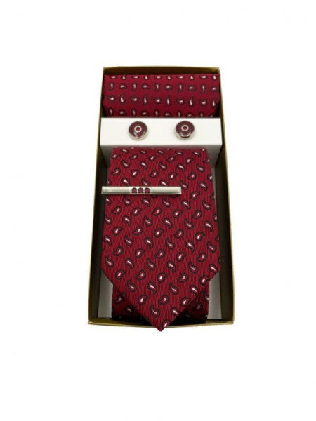 Brianze Claret Red Small Shawl Pattern Tie Handkerchief Cufflinks and Tie Clip Gift Set