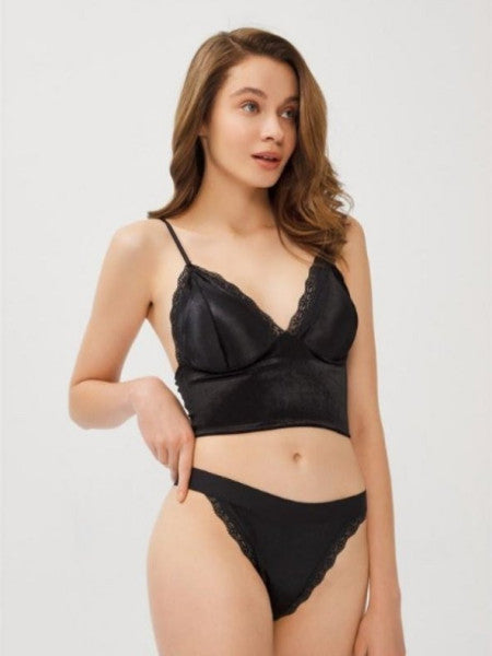 Plain Velvet Bralet Set Black Color