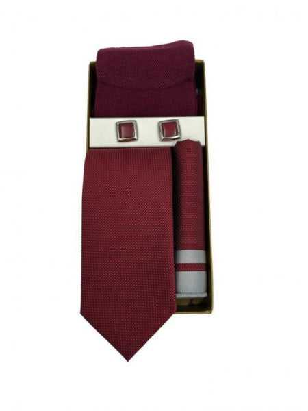 Brianze Burgundy White Dot Pattern Tie, Handkerchief, Cufflinks And Socks Gift Set