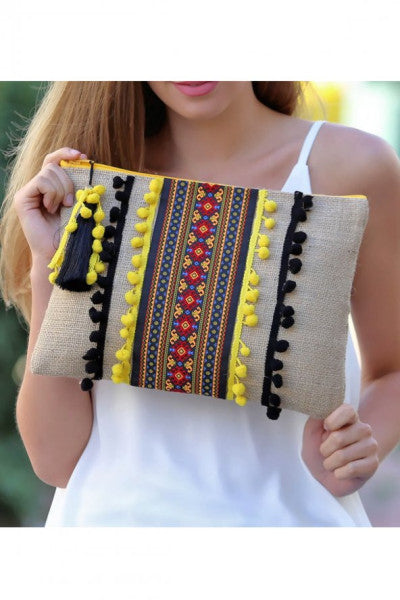Creative Design Straw Women Portfolio & Clutch Bag Authentic Pattern With Pompom