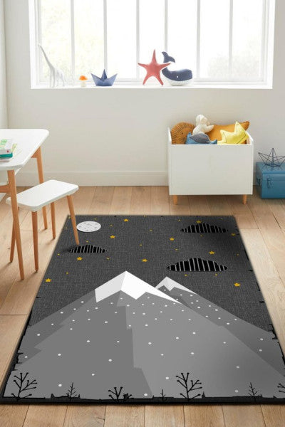 Frenda Home Mountain Patterned Non-Slip Leather Base Kids Carpet Gray 80X150