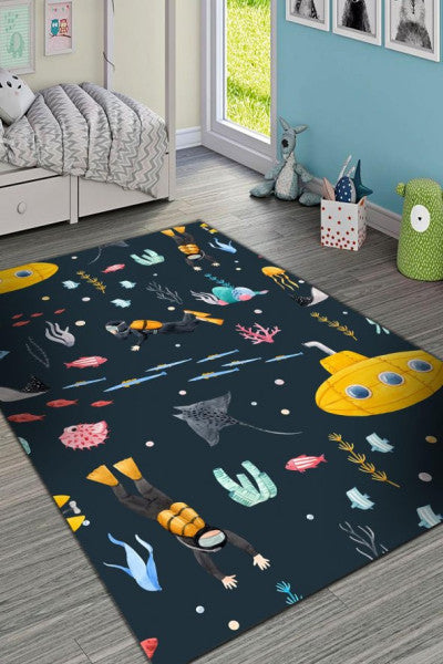 Frenda Home Submarine Patterned Non-Slip Leather Base Kids Carpet Dark Blue 80X300