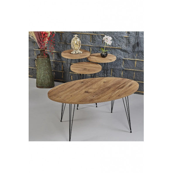 3-Set Round Nesting + Oval Center Table Set Antique Pine Pattern - Df41D02
