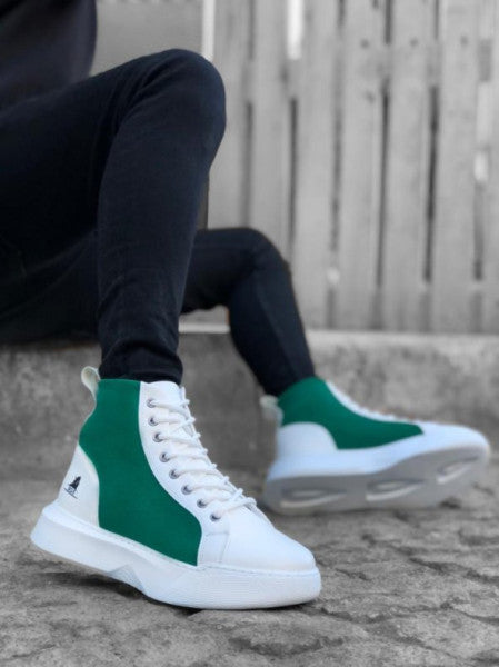 حذاء رياضي Ba0256 برباط للرجال ونعل عالي باللون الأبيض والأخضر