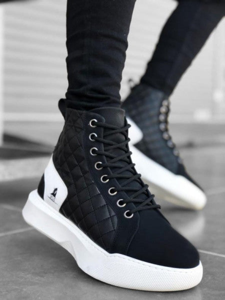 BA0159 Lace-up Black and White Quilted Men's High Sole Sports Boots