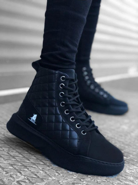 BA0159 Lace-up Black Quilted Men's High Sole Sports Boots
