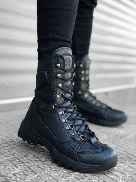 حذاء عسكري من الجلد الأسود برباط