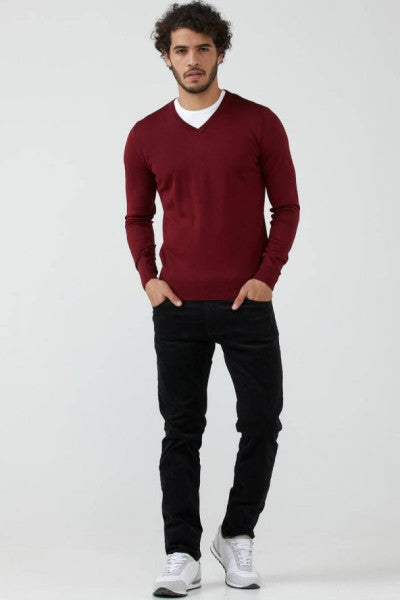 Men's V-Neck Basic Knitwear Sweater - Claret Red