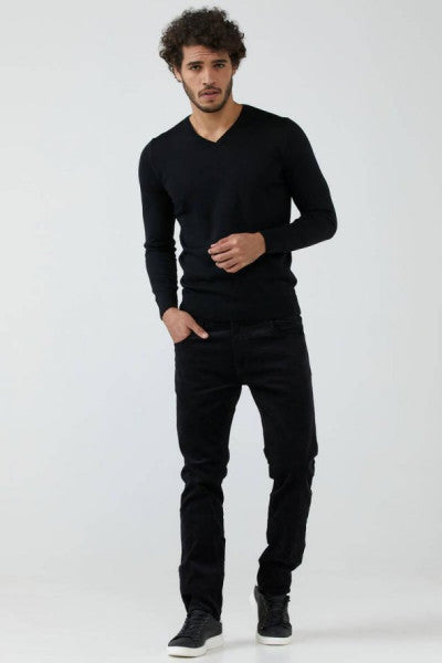 Erkekler V -Neck Basic Squar Sweater - Siyah
