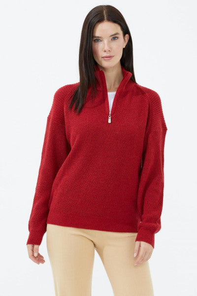 Half Turtleneck Zipper Knitwear Sweater - Red