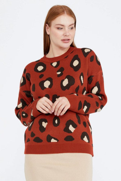 Women's Leopard Patterned Knitwear Sweater - Tan