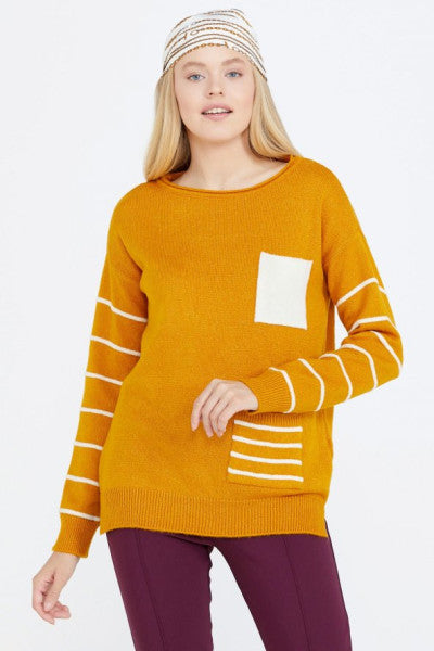 Striped Women's Knitwear Sweater With Pocket Detail - Apricot