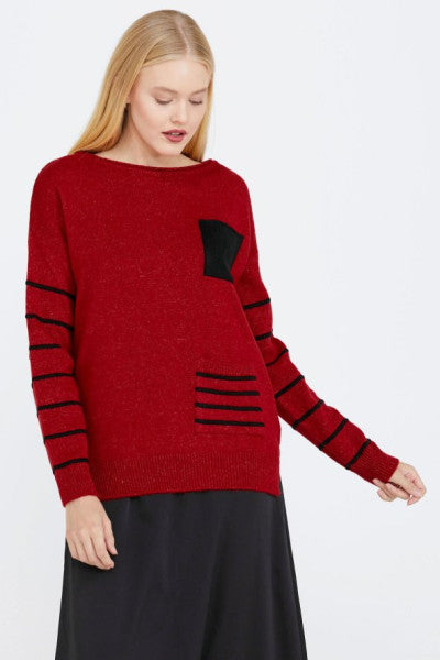 Striped Women's Knitwear Sweater with Pocket Detail - Red