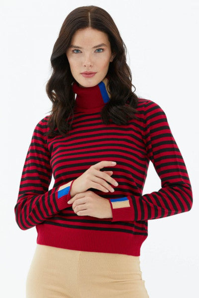 Full Turtleneck Striped Knitwear Sweater - Red