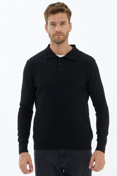 Polo Neck Buttoned Knitwear Sweater - Black