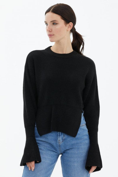 Crew Neck Slit Spanish Sleeve Knitwear Sweater - Black