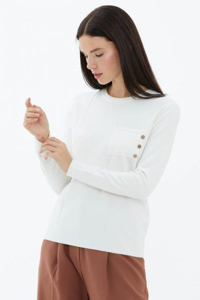 Crew Neck Pocket Buttoned Knitwear Sweater - White