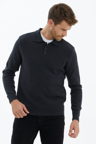 Polo Neck Buttoned Knitwear Sweater - Anthracite