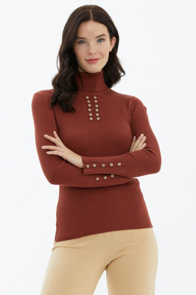 Full Turtleneck Button-Up Knitted Sweater - Tile