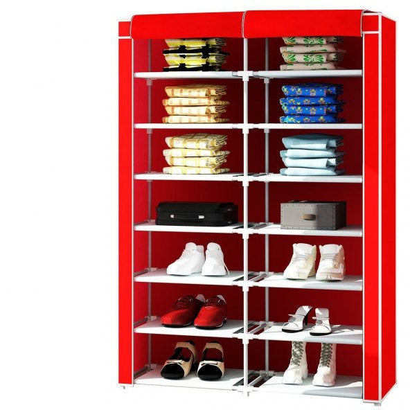 2 Compartment Plastic Cloth Wardrobe, Cloth Shoe Rack - Red