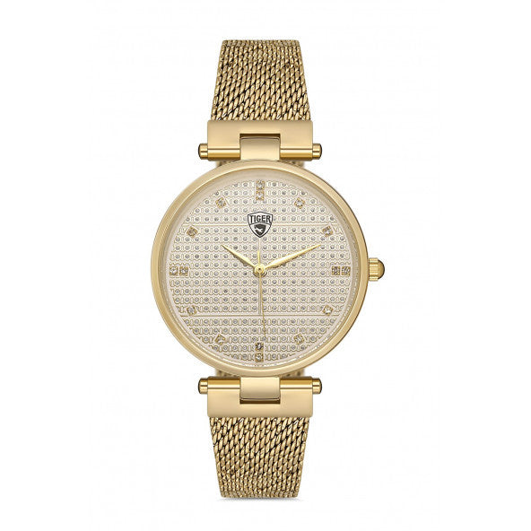 Tiger - Gold Colored Patterned Color Mesh Women's Wristwatch (Turkey Official Distributor Guaranteed) TI-574-A