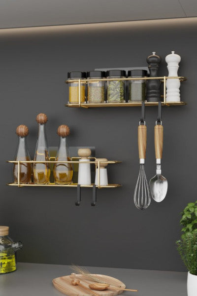 Bino Spice Rack 2 Pcs Set Gold Metal Kitchen Shelf Bathroom Shelf Sticky Hook Salt Holder Hanger