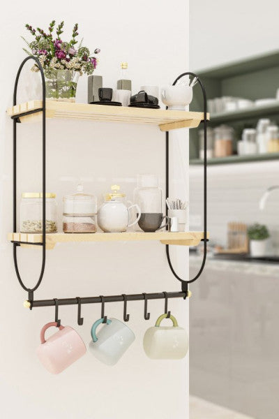 Bino Kitchen Shelf Cup Rack Coffee Cup Mug Rack Organizer Wooden Shelf Organizer with 6 Hooks
