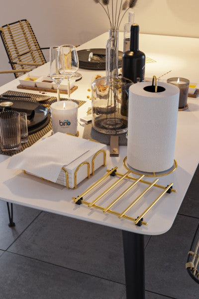 Bino Service Presentation Set Towel Holder Napkin Holder Nihale Gold Gold Filled Shiny Stainless Steel 3 Pcs Kitchen
